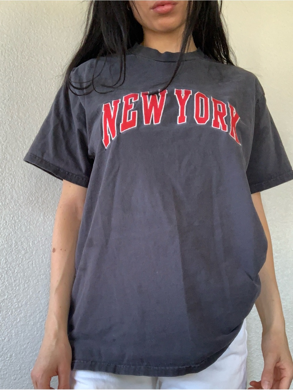 NEW YORK Graphic Tee in Charcoal with Red Lettering